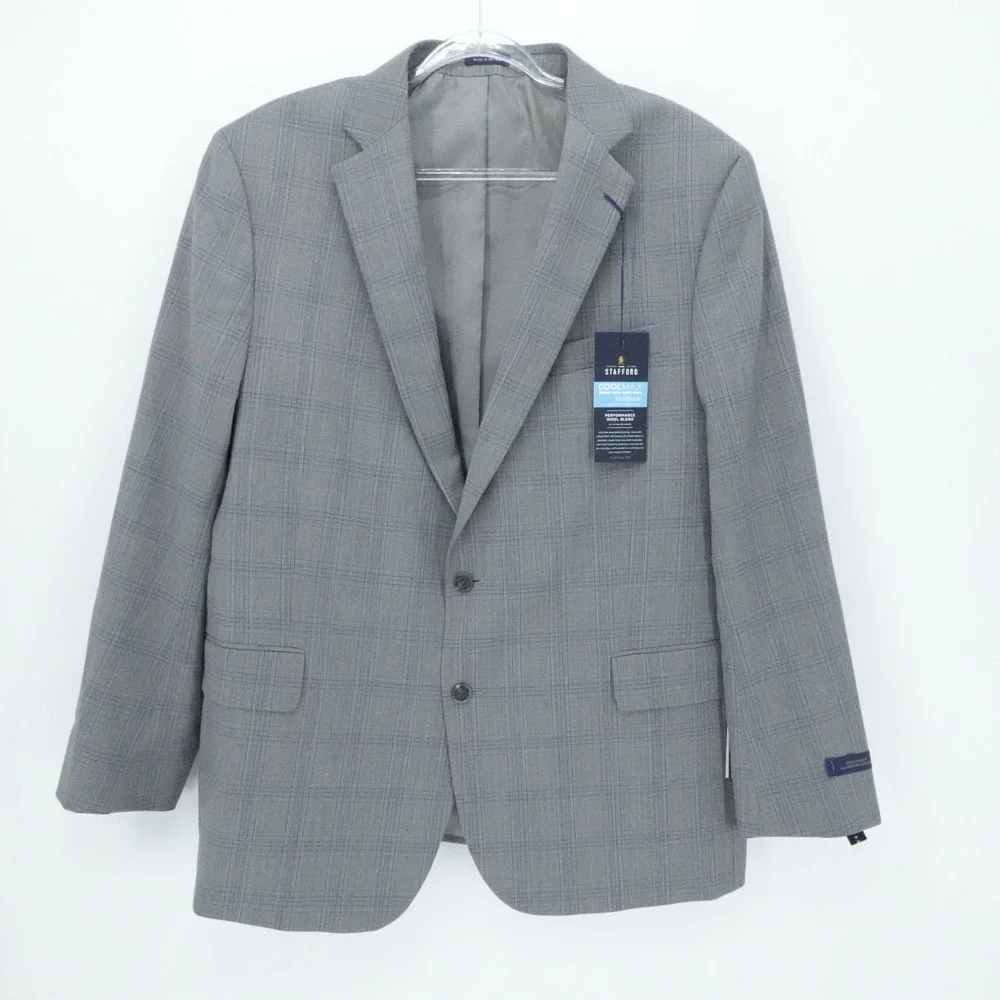 Stafford Sport Coat Mens 48 Regular Gray Plaid Wool Blend Blazer CoolMax Office‎